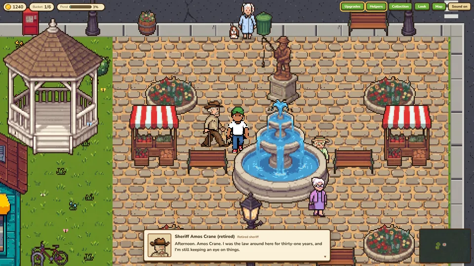 Chatting with the retired sheriff by the fountain in the town square